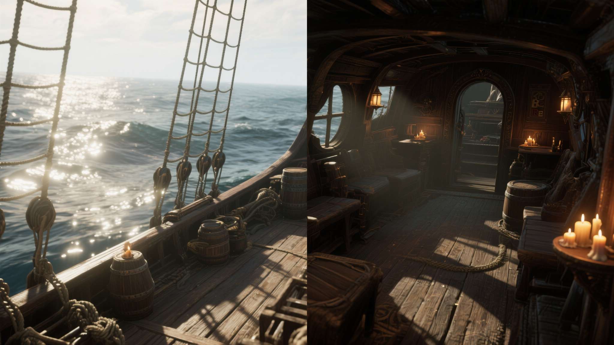 PSSR2与强化光追!《AC黑旗RE》PS5版画面绝不妥协 黑旗的世界观天然适合光线追踪发挥。海面反射、甲板木纹的漫反射、烛光在船舱内壁的散